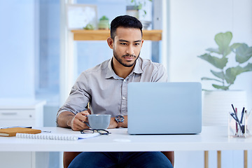 Image showing Coffee, businessman with laptop and at his desk in a office at workplace. Project management planning or strategy, networking or connectivity and male person reading an email at his workspace