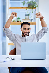 Image showing Happy man, laptop and celebrate business success or win at desk with victory fist for bonus deal. Excited Asian male entrepreneur with tech for profit, competition or online achievement notification