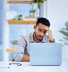 Image showing Business, burnout and man with a headache, laptop and overworked with health problem, professional and error. Male person, employee or consultant with a pc, burnout and migraine with network glitch