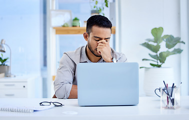 Image showing Employee, stress and man with a headache, laptop and overworked with pain, mental health issue and professional. Male person, consultant or entrepreneur with a pc, burnout and migraine with fatigue