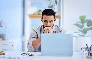 Image showing Young business man, mistake and laptop with stress, 404 glitch and anxiety at web design job. Businessman, worry and frustrated with computer, thinking or problem solving with deadline in workplace