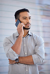 Image showing Serious, phone call and Asian man with business, contact and connection with communication, talking and speaking. Male person, employee and entrepreneur with a smartphone, network and stern face