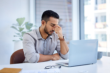 Image showing Business, stress and man with a headache, laptop and overworked with health issue, professional and pain. Male person, employee or entrepreneur with a pc, burnout and migraine with fatigue or problem