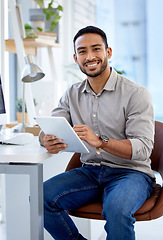 Image showing Professional, man and tablet in portrait working as entrepreneur with a smile for a startup at a desk. Business person, male and tech in a company for research is typing online with ideas.