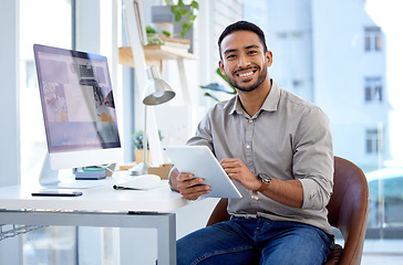 Image showing Businessman, tablet and research with portrait in the office for online work at a company. Professional male, planning and device in a workplace with leadership with ideas on the internet with smile.