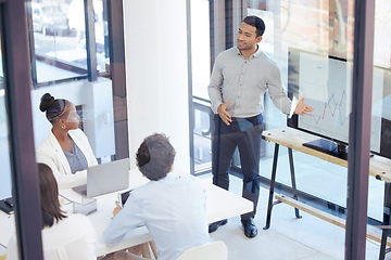 Image showing Businessman, meeting and coaching on screen for data, graph or chart in team presentation at office. Man, coach or mentor training staff on corporate statistics, analytics or marketing at workplace