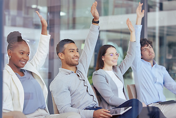 Image showing Business people, meeting and questions in presentation, teamwork or collaboration at office. Group of employees or audience with hands raised in staff training, FAQ seminar or workshop at workplace