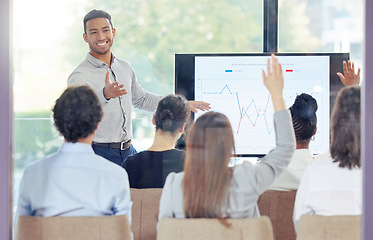 Image showing Seminar, business people and hands raised with chart, question and financial data analysis for economy. Finance team, boss or speaker with graph, discussion and information with collaboration at job