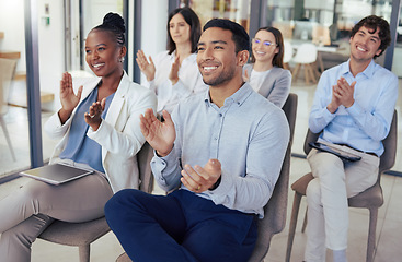 Image showing Business people, meeting and applause for presentation, teamwork or collaboration at the office. Group of employees or audience clapping for team motivation, staff training or workshop at workplace