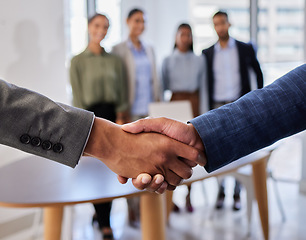 Image showing B2b meeting, shaking hands and business people in office for deal, agreement or startup opportunity. Hand shake, partnership and welcome, businessman shaking hands with boss for onboarding support.