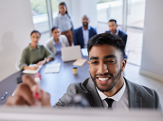 Image showing Business, happy man and writing at whiteboard for presentation, meeting and planning collaboration. Seminar, brainstorming and face of male manager at board for training team in corporate workshop