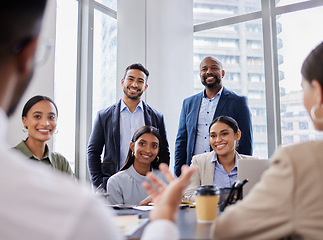 Image showing Meeting, business and proposal, hand of speaker with audience in office for planning and strategy discussion. Businessman, ceo or startup boss, team building and workshop with feedback in workplace.