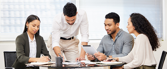 Image showing Business people, meeting and tablet work planning a digital strategy in a workshop with teamwork. Working, employee group and startup management with notes and paperwork in a office with web design