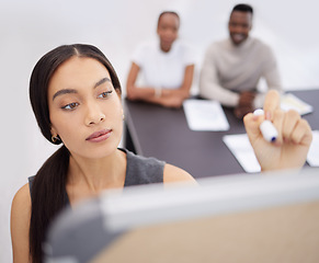 Image showing Woman, face and writing on board, presentation and brainstorming with team leader, speaker and workshop. Collaboration, meeting with business people and planning with project management and notes