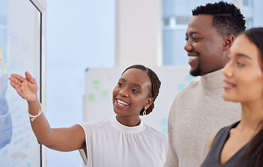 Image showing Teamwork, ideas on glass board and brainstorming strategy, our vision and employees working together on agenda. Collaboration, meeting with business people and planning, project management and notes