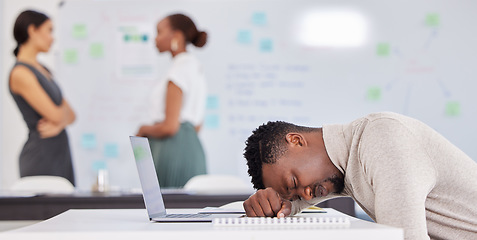 Image showing Office, black man at desk sleeping with laptop and burnout, overworked on business project with stress and fatigue. Sleep, work and tired African businessman with computer and paperwork at startup.