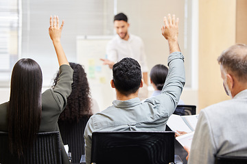 Image showing Business presentation, audience and people hands for questions in training, workshop or feedback. Seminar, coaching and crowd with hand vote, answer or idea for mentor, speaker or business man leader