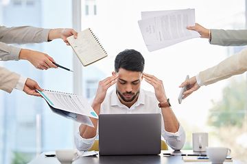 Image showing Business man, stress and demand in office with headache, anxiety and fatigue of challenge. Burnout, deadline and frustrated male worker with bad time management, chaos and depression of mental health