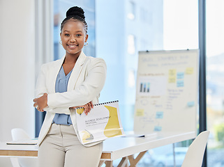 Image showing Business, portrait and black woman with documents in office for proposal, development and planning. Face, leader and female ceo with file for review, startup and strategy, mission and our vision