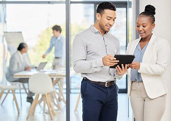 Image showing Business meeting, digital tablet and people in office for creative, planning and collaboration. Project management, diversity and person team online for design, discussion and advice for proposal