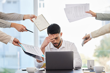 Image showing Stress, headache and multitask with business man in office for deadline, burnout and overworked. Mental health, anxiety and tired with depressed male employee for frustrated, fatigue and crisis