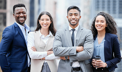 Image showing Business people, city portrait and arms crossed outdoor with leadership and management success. Professional, team and group with a smile from company diversity and solidarity for corporate work