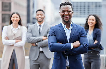 Image showing Business man, city portrait and manager arms crossed outdoor with leadership and success. Professional, team and African male person with a smile from company and solidarity for corporate work