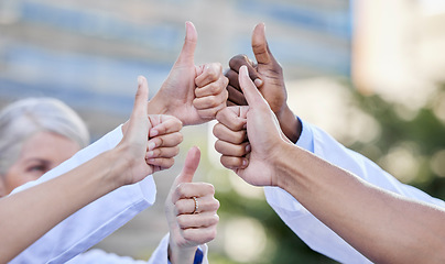 Image showing Doctor, thumbs up and hands together for thank you, emoji and yes hand sign with motivation. Goal, success and collaboration of healthcare and and wellness group with winner and support gesture