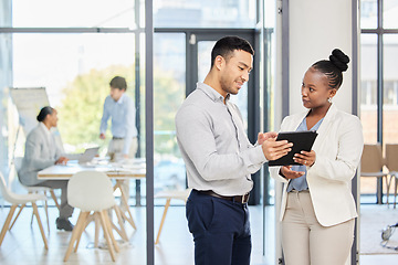 Image showing Meeting, digital tablet and business people in office for creative, planning and collaboration. Project management, diversity and person team online for design, discussion and advice for proposal