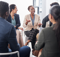 Image showing Business, meeting and black woman in discussion circle for team building, planning and collaboration in office. Happy group, employees and huddle for conversation, workshop and feedback for training