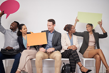 Image showing Speech bubble, business people and diversity group on social media for voice, opinion or advertising feedback in studio. Happy employees, vote and survey of hiring, HR recruitment and sign to join us