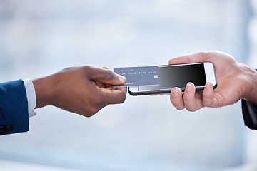 Image showing Hands, credit card tap and phone payment, shopping and digital banking with mockup space. Smartphone, fintech and hand of people with finance, web sales or money transfer app of financial customer.