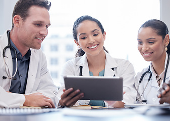 Image showing Medical, tablet and collaboration with a team of doctors in the hospital boardroom for a meeting. Teamwork, healthcare and planning with a group of professional medicine people working in a clinic