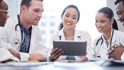 Image showing Healthcare, tablet and collaboration with a team of doctors in the hospital boardroom for a meeting. Teamwork, health and planning with a group of professional medicine people working in a clinic