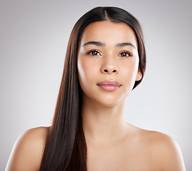 Image showing Woman in portrait, face and hair, beauty with hairstyle and shine, haircare and growth isolated on studio background. Female model, salon keratin treatment and cosmetic care, texture and glossy