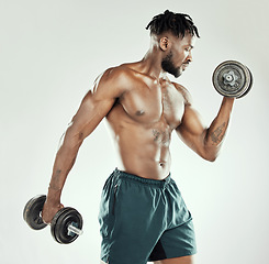 Image showing Fitness, strong and black man with dumbbells, exercise and wellness against studio background. Male person, model and bodybuilder with gym equipment, workout goal and strength with health and power