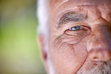 Image showing Eyes, vision and old man, face closeup and wisdom with focus, insight and thinking with mockup space. Elderly male person outdoor, perspective or point of view with eyesight, wrinkles and thoughtful