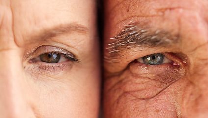 Image showing Face, eyes and closeup of old couple with wrinkles on skin for natural aging process in retirement. Portrait, elderly man and senior woman looking with vision, nostalgia or perception of grandparents