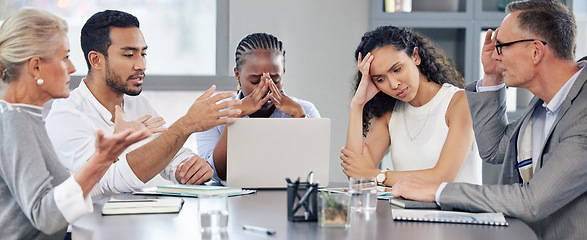 Image showing Business people, group and meeting with stress, office or negotiation for problem solving, frustrated or fail. Businessman, women and talk for solution, strategy or plan with anger, mistake or risk