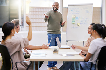 Image showing Group, speaker and man with a presentation, feedback and question with growth, mentor and coaching. Male person, leader and staff in a workshop, meeting or company development with planning or review