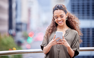 Image showing Phone, happy and business woman in city for social media, networking or communication. Technology, connection and internet with female employee browsing online in outdoor for contact and mockup space