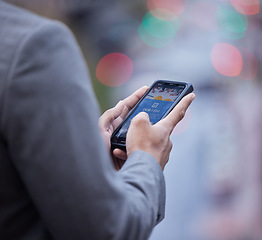 Image showing Phone screen, website and hands of business man in city for search, social media or networking. Technology, internet and communication with closeup of male employee for mobile, contact and connection