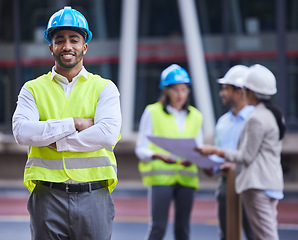 Image showing Construction, civil engineering and portrait of happy man with arms crossed for building, site planning and team inspection. Male architect, contractor and project management for property development