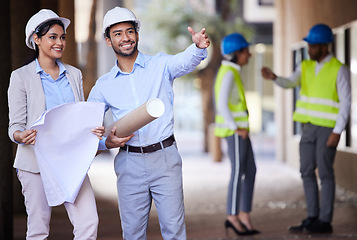 Image showing Planning, teamwork and architecture with people in city for engineering, construction and designer. Project management, building and blueprint with man and woman for illustration and collaboration