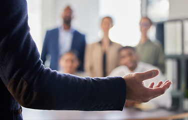 Image showing Speaker, presentation and hand of person in business meeting for planning, conference and workshop. Strategy, leadership and mentor with closeup of employee for collaboration, coaching and training