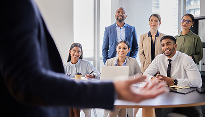 Image showing Speaker, presentation and business people in meeting for planning, conference and workshop. Strategy, leadership and mentor with group of employees in office for collaboration, coaching and training