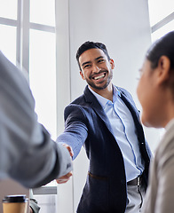 Image showing Meeting, smile and handshake with business people in office, b2b deal or agreement for startup opportunity. Hand shake, partnership and welcome, happy businessman shaking hands for onboarding support