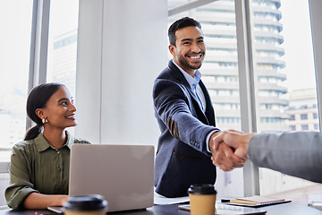 Image showing Business meeting, smile and handshake, people with b2b deal or agreement for startup opportunity in office. Hand shake, partnership and welcome, happy businessman shaking hands for onboarding support