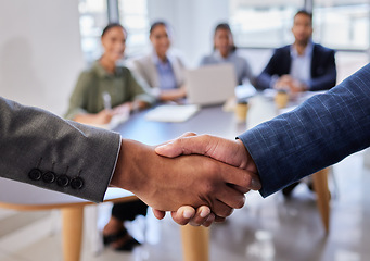 Image showing Meeting, b2b and shaking hands with business people in office for deal, agreement or startup opportunity. Hand shake, partnership and welcome, businessman shaking hands for onboarding or networking.