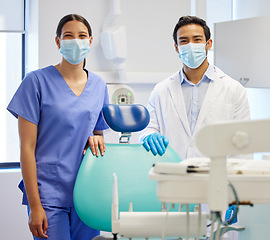 Image showing Dentist team, face mask and professional portrait for.medical industry and teamwork. Assistant woman and asian man or healthcare staff together for dental care, oral health and wellness at practice